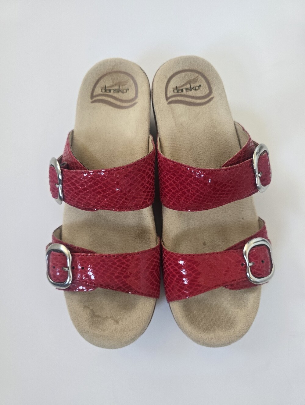 Dansko Sophie Red Slide Buckle Wedge Sandal Clogs Size 37 US 6.5 Leather Snake
